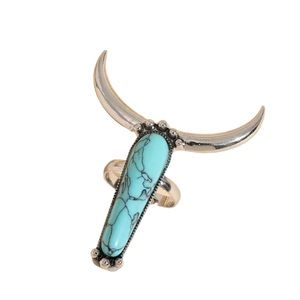 Western Style Exaggerated Bullhead Silver and Turquoise Ring